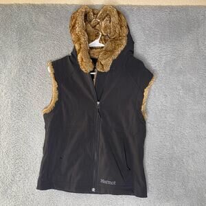 Marmot Softshell Vest Womens M Black Faux Fur Lined Hood Full Zip outerwear
